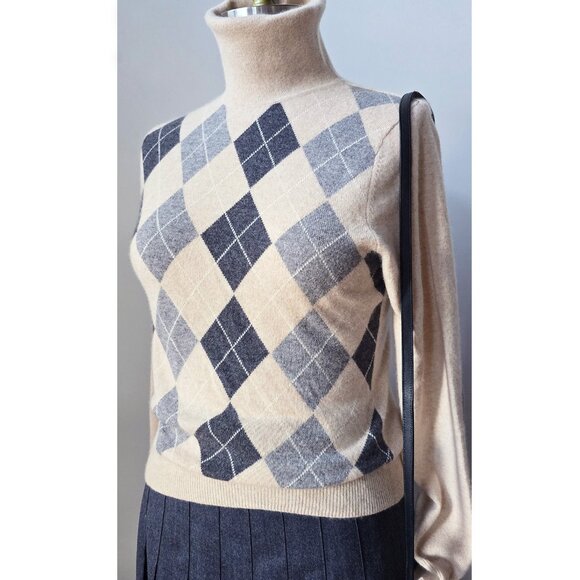 Y2K Brooks Brothers Rhombus Argyle Long Sleeved Cashmere Turtleneck Sweater M - Picture 1 of 6